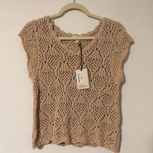 Elan Tan Crochet Knit Cap Sleeve Blouse
